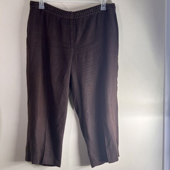 Peck & Peck Linen Capri Pants Size 14 Brown Flat Front Crochet Waist Summer - Picture 1 of 6